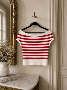 ZARA Red & White Striped Off-the-Shoulder Knit Top | Parisian Chic | Size Small